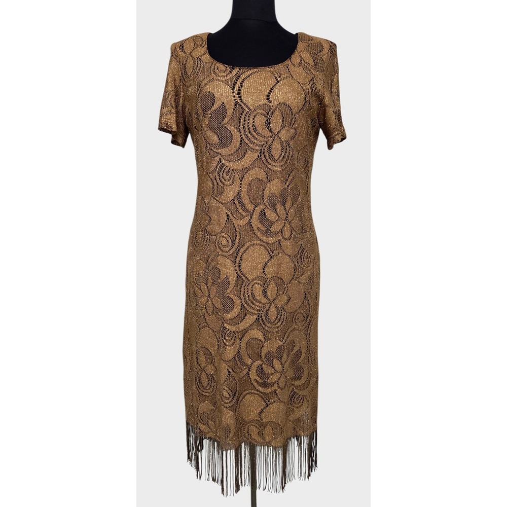 Vintage Helene Blake Dress‎ Crochet Fringe Floral Lace Gold Black Flapper Size M